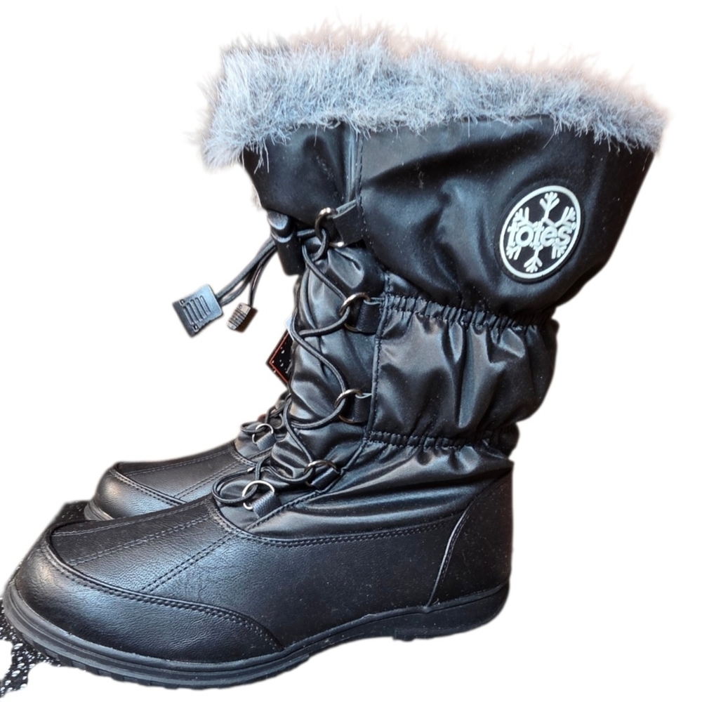 Totes Boots Winter Snow Faux Fur Trim Black Gray Womens Size 9 Wide NWT